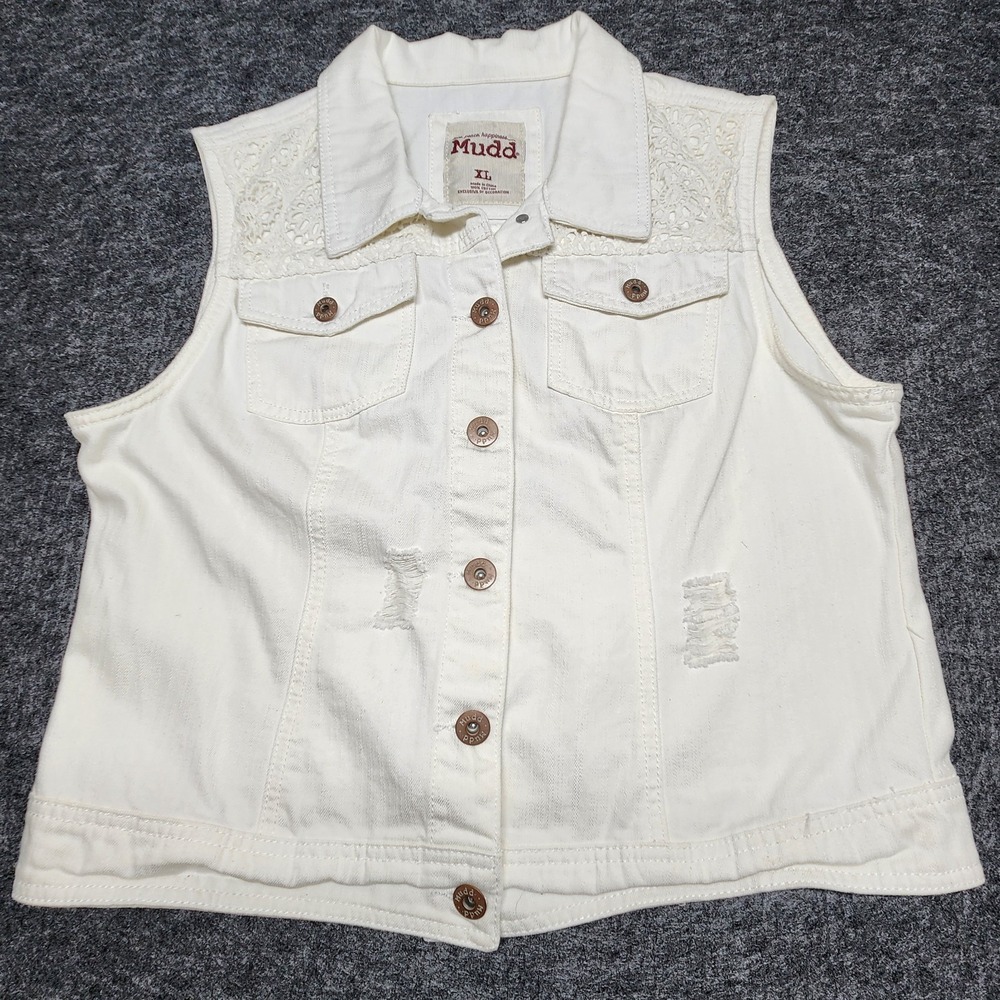 Mudd Womens Distressed Denim Vest‎ Lace Crocheted Detail Cropped Button Down XL